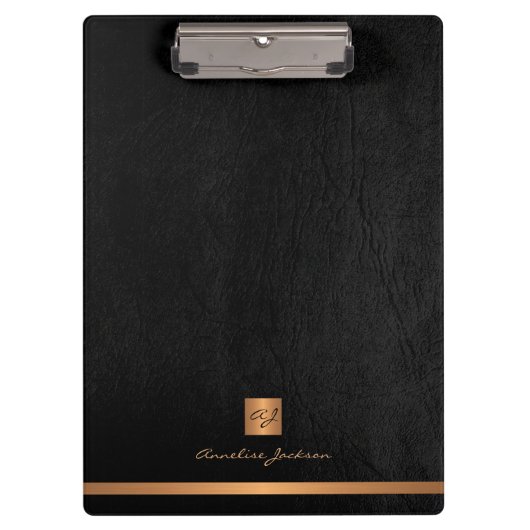 Elegant stijlvol zwart leder goud monogram klembord (Voorkant)