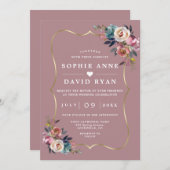 Elegant Stof Blauw Bloemig Misty Roze Gouden Bruil Kaart (Voorkant / Achterkant)