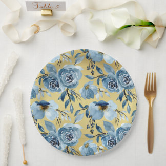 Elegant Stof Blauw Bloemmotief & Goud Rond Feestje Papieren Bordje