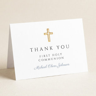 Elegant Stof Blauw Schrift Jongen Eerste Communie Bedankkaart
