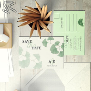 Elegant Stof Groen Ginkgo Bloemstuk Bewaar de Datu Uitnodiging Briefkaart