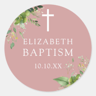 Elegant Stof Roze Roze Groene Doop Favor Ronde Sticker