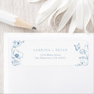 Elegant Stofblauw Bloem Bruiloft Retouradres Etiket