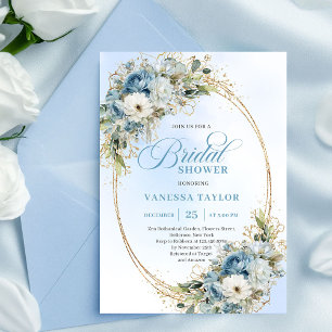 Elegant Stofblauw Bloemenscript Bruiloftsshower Kaart