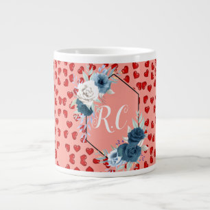 Elegant Stofblauw Bloemmotief & Rode Harten Gebord Extra Grote Beker