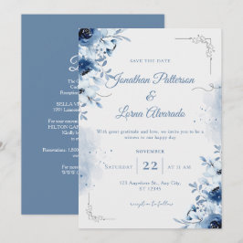 Elegant Stofblauw Bloemschilderwerk Marine Huwelij Kaart