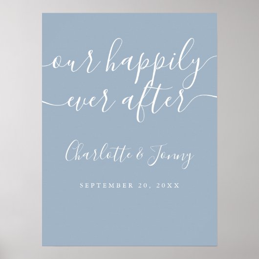 Elegant Stofblauw Happily Ever After Trouwbord Poster (Voorkant)