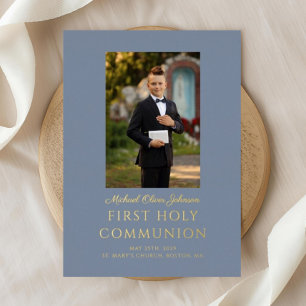 Elegant Stofblauw Jongensfoto Eerste Communie Goud Folie Uitnodiging