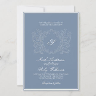 Elegant Stofblauw Klassiek Schrift Monogram Trouwe Kaart