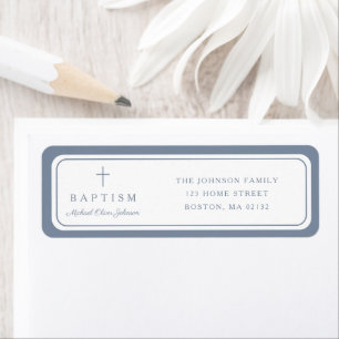Elegant Stofblauw Kruis Jongens Doop Adres Etiket