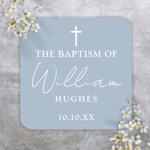 Elegant Stofblauw Minimalistische Doop Christening Vierkante Sticker