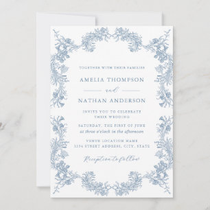 Elegant Stofblauw Vintage Bloem Bruiloft Kaart