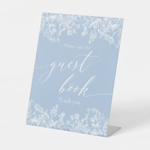Elegant Stofblauw Wilde Bloem Guestbook Bord Reclamebord Met Voetstuk