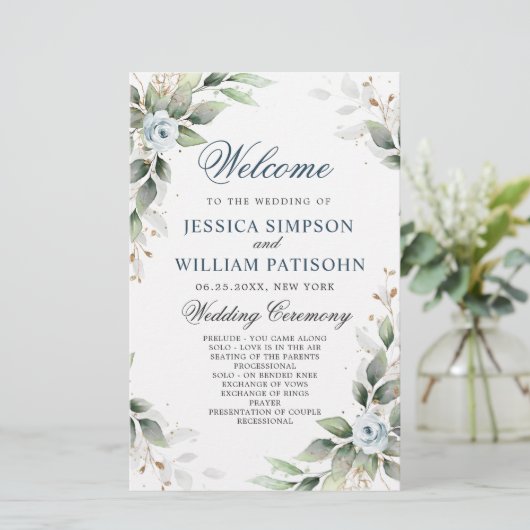 Elegant Stofblauwe Bloem Bruilofts Ceremonie Progr (Staand voorkant)