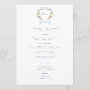 Elegant Stofblauwe Pastel Wilde Bloem Wapen Huweli Menu