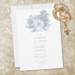 Elegant Stofblauwe Toile Franse Landhuis Bruiloft Kaart