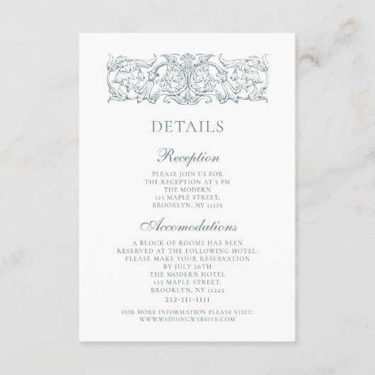 Elegant Stoffig Blauw Barok Bruiloft Details Informatiekaartje (Voorkant)