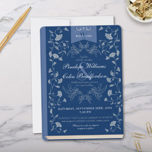 Elegant Stoffig Blauw Bloemen Boek Hoesje Bruiloft Kaart