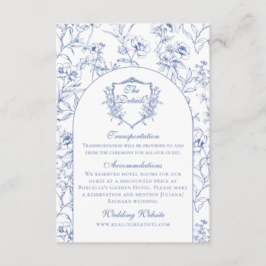 Elegant Stoffig Blauw Bloemen Bruiloft Details Informatiekaartje (Voorkant)