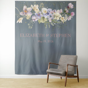  Elegant Stoffig Blauw Bloemen Bruiloft Wandkleed