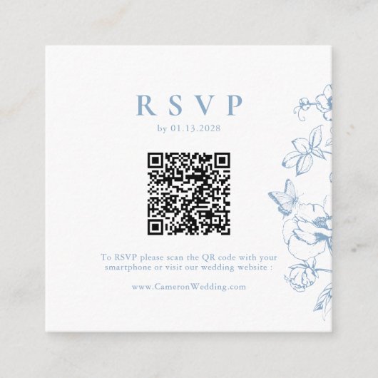 Elegant Stoffig Blauw Bloemen QR Code Bruiloft RSV Informatiekaartje (Voorkant)