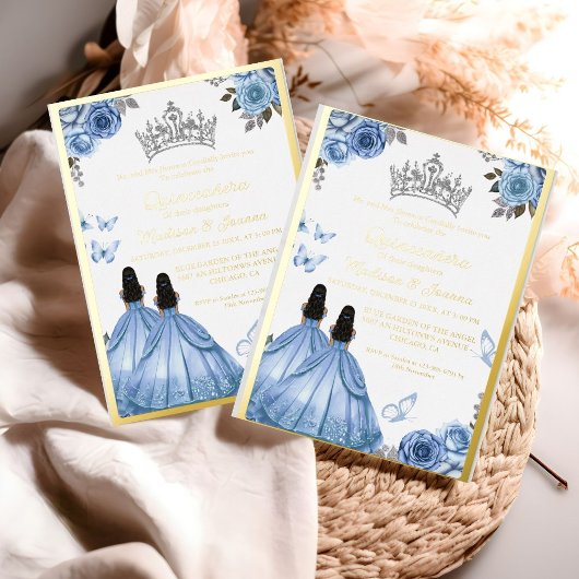 Elegant Stoffig Blauw Bloemen Vlinder Quinceanera Folie Uitnodiging