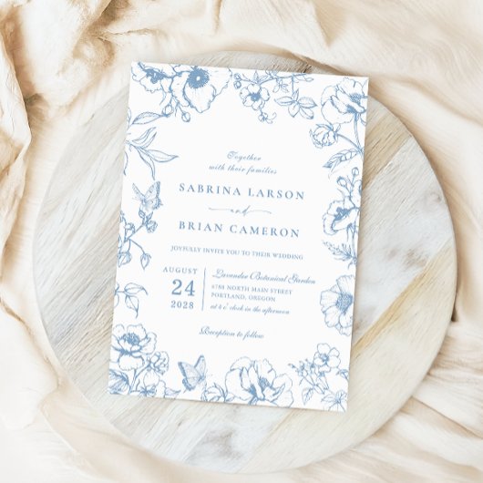 Elegant Stoffig Blauw Bloementuin Bruiloft Kaart