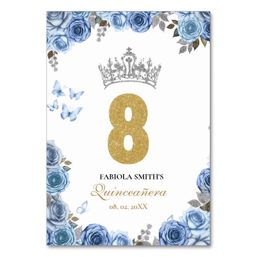 Elegant stoffig blauw en goud quinceanera kaart (Achterkant)