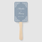 Elegant Stoffig Blauw en Wit Border Bruiloft Handwaaier (Achterkant)