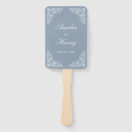 Elegant Stoffig Blauw en Wit  Border Bruiloft Handwaaier (Voorkant)