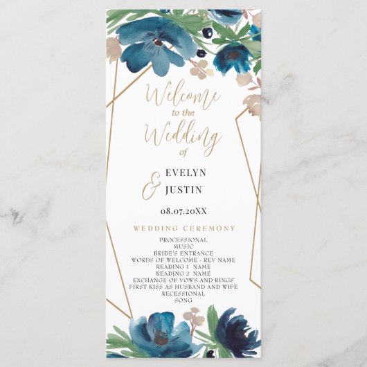 Elegant stoffig blauw goud Floral bruiloft program Programma (Voorkant)