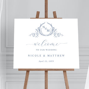 Elegant Stoffig Blauw Monogram Bruiloft Welkomstbo Poster