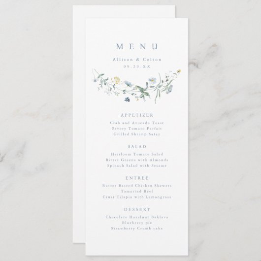 Elegant Stoffig Blauw Wildbloem Rustiek Boho Bruil Menu (Voorkant / Achterkant)