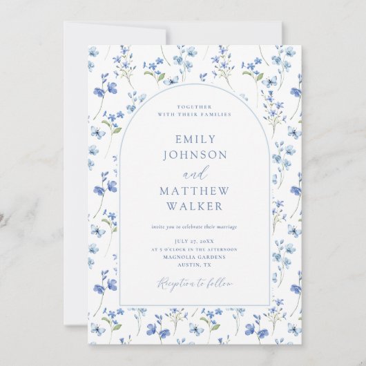 Elegant Stoffig Blauw Wildflower Bruiloft Kaart (Voorkant)