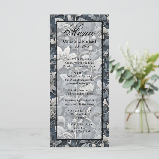 Elegant stoffig blauw zilver wit grijs bloemen menu (Staand voorkant)