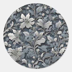 Elegant stoffig blauw zilver wit grijs bloemen ronde sticker