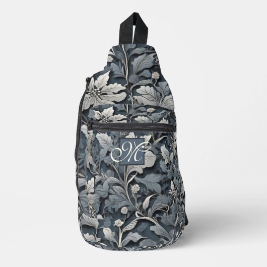 Elegant stoffig blauw zilver wit grijs bloemenschr sling bag (Voorkant)