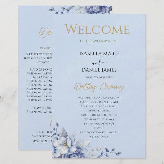 Elegant stoffig blauwe bloemige huwelijksceremonie (Voorkant / Achterkant)