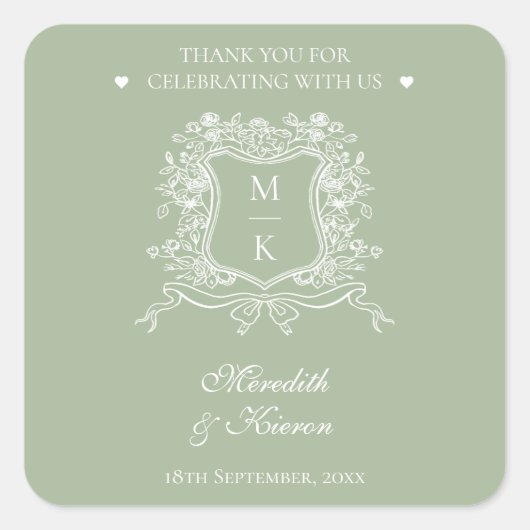 Elegant stoffig groen  crest monogram bruiloft vierkante sticker (Voorkant)