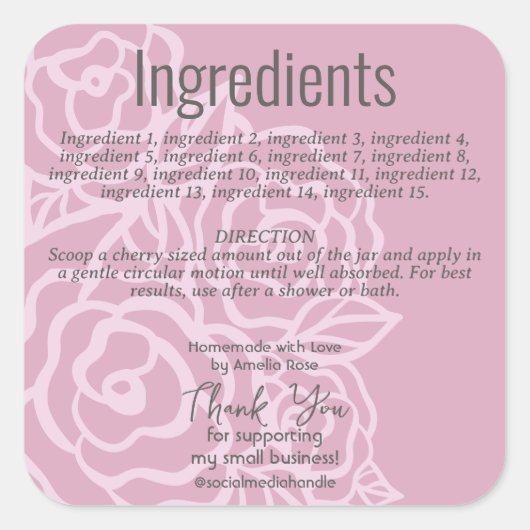 Elegant Stoffig Roos Roze Bloemen Ingrediënt Label (Voorkant)