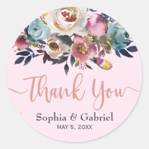 Elegant Stoffig Roze Blauw Bloemen Bruiloft Dank u Ronde Sticker