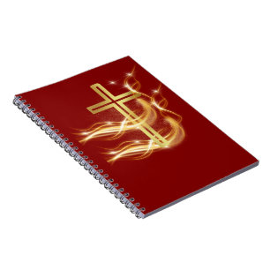Elegant stralend gouden kruis op een diep rood not notitieboek
