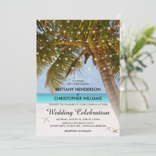Elegant strand bruiloft | String Lights Palm Tree Kaart (Staand voorkant)