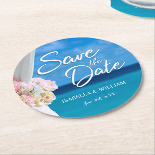 Elegant strand zomer save the date ronde kartonnen onderzetter