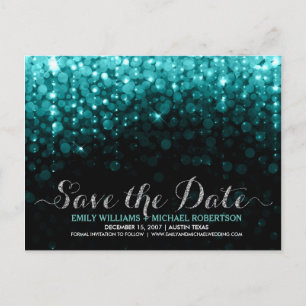 Elegant string licht turquois bokeh save the date aankondigingskaart