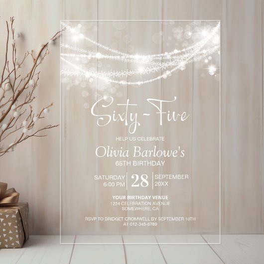 Elegant String Lights 65e Verjaardagsfeest Acryl Uitnodigingen