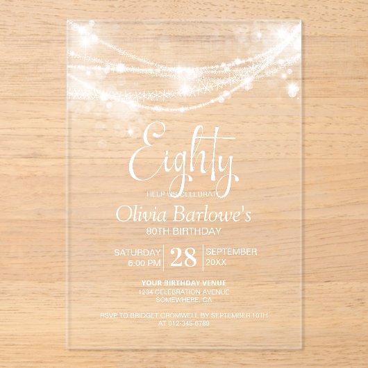 Elegant String Lights 80ste Verjaardagsfeest Acryl Uitnodigingen (Voorkant)