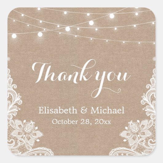 Elegant String Lights Burlap Lace Dank u Vierkante Sticker (Voorkant)