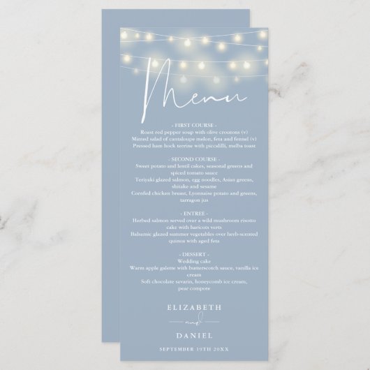 Elegant String Lights Dusty Blue Wedding Dinner Menu (Voorkant / Achterkant)