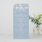 Elegant String Lights Dusty Blue Wedding Dinner Menu (Staand voorkant)